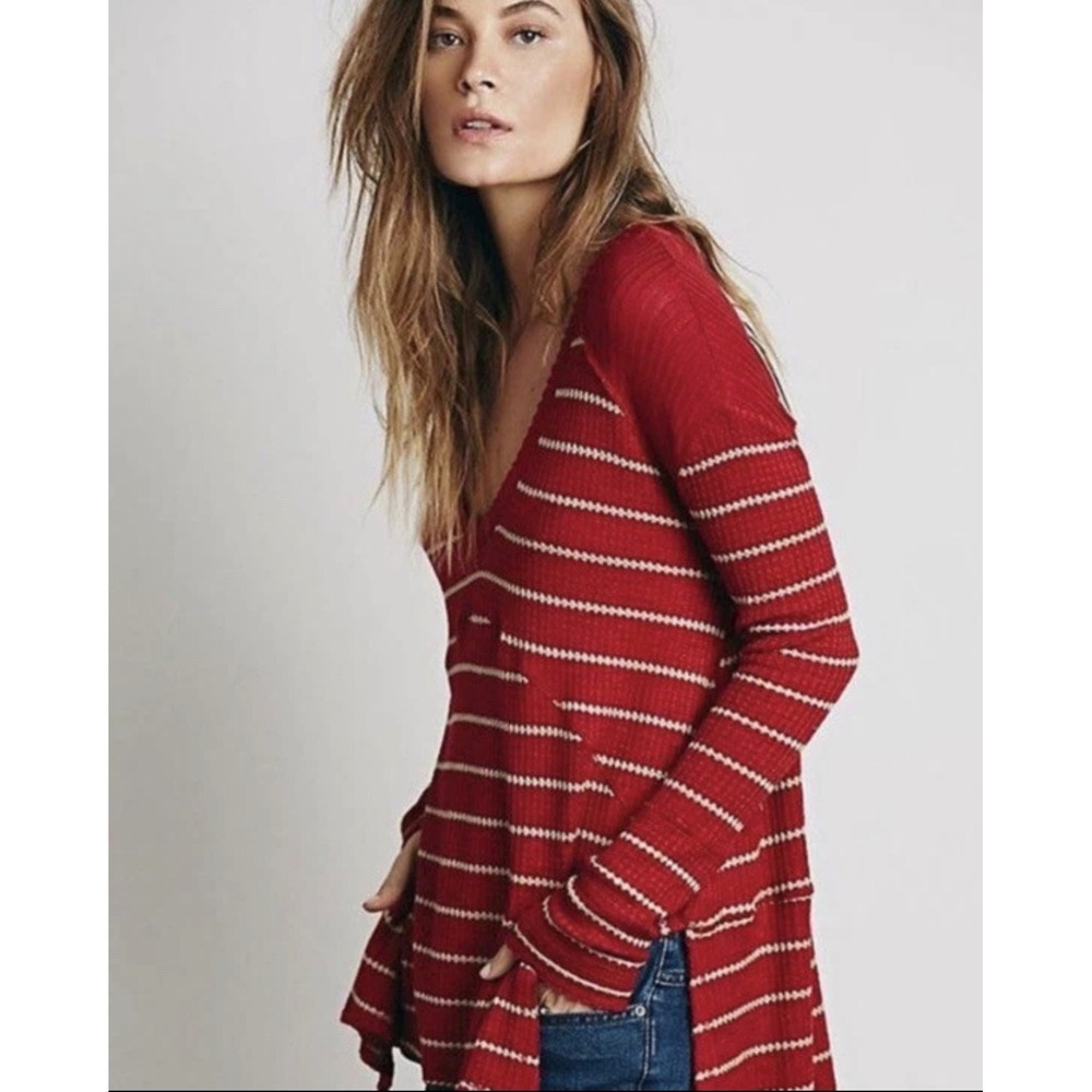 Free People Red Striped Waffle Knit V-Neck Thermal Top XS Long Sleeve High-Low